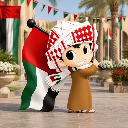 Illustrated Emirati Child Embracing UAE Flag National Day Character Cutout