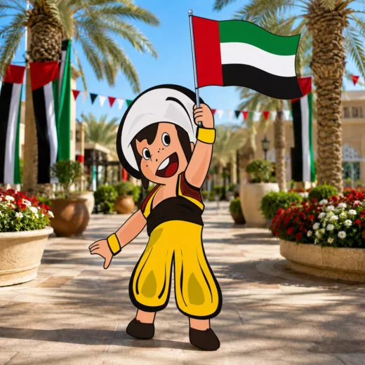 Illustrated Emirati Boy in Yellow Heritage Attire Holding UAE Flag Cutout