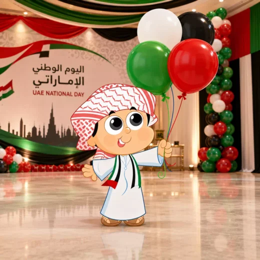 Illustrated Emirati Boy with UAE Balloons and Letter Props Character Cutout