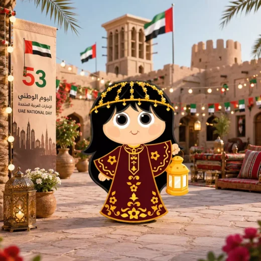 Illustrated Emirati Girl in Maroon and Gold Heritage Dress with Lantern Cutout