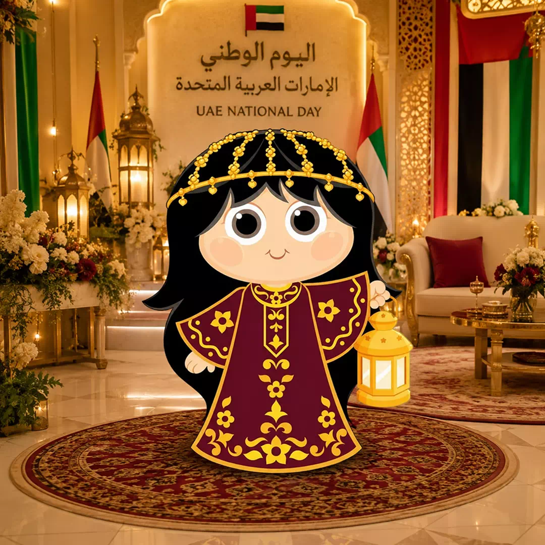 Illustrated Emirati Girl in Maroon and Gold Heritage Dress with Lantern Cutout - Image 4