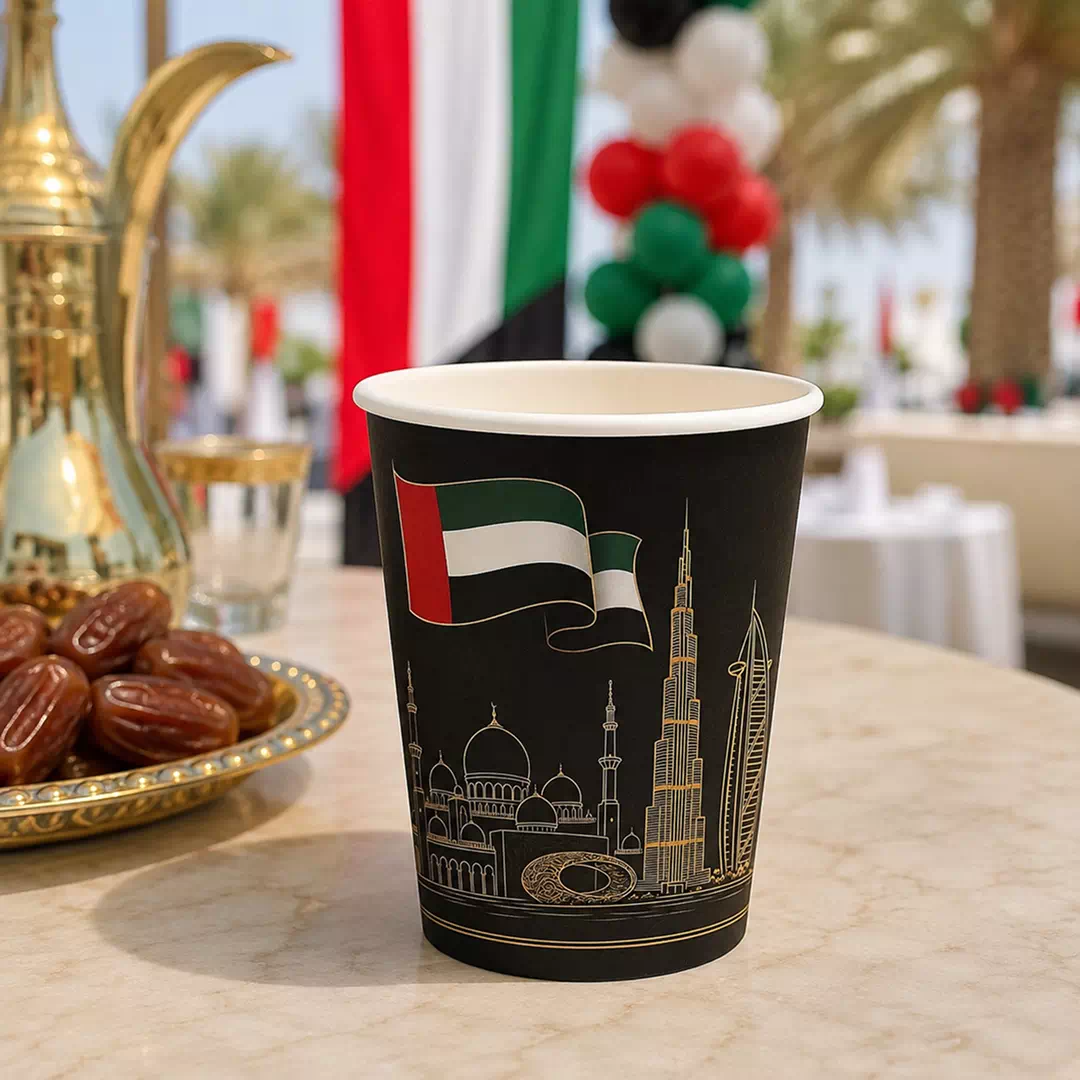 UAE Flag and Gold Dubai Skyline Printed Paper Cups - Image 2