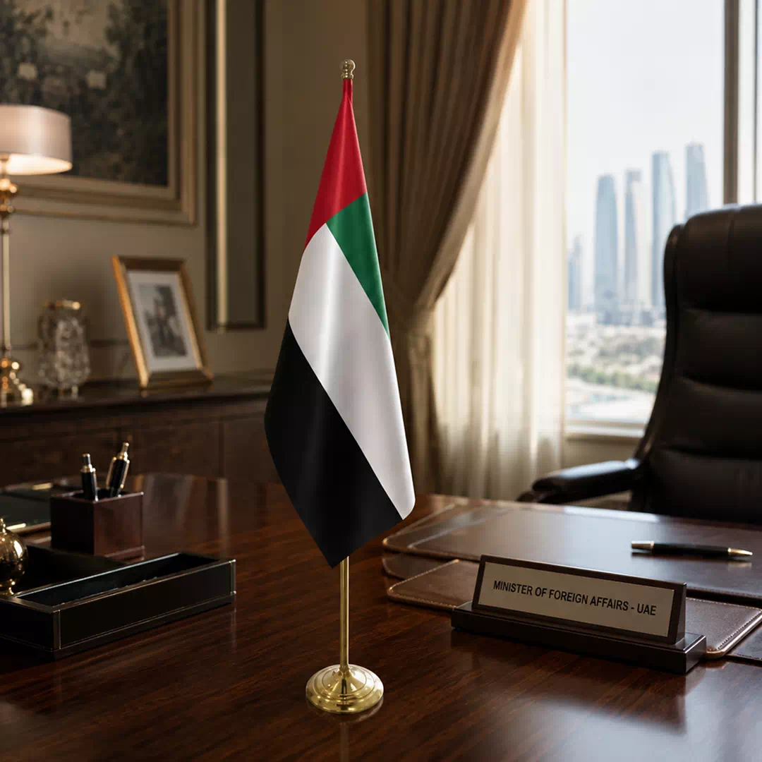 Premium UAE National Flag with Gold Freestanding Floor Stand - Image 3