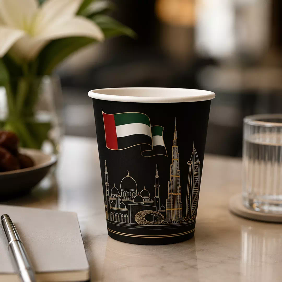 UAE Flag and Gold Dubai Skyline Printed Paper Cups - Image 3