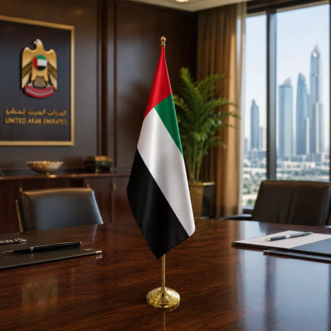 Premium UAE National Flag with Gold Freestanding Floor Stand - Image 4