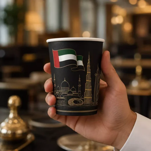 UAE Flag and Gold Dubai Skyline Printed Paper Cups