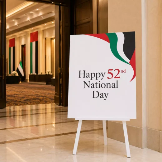 UAE 55th National Day Minimal Welcome Board with Flag Ribbon Design