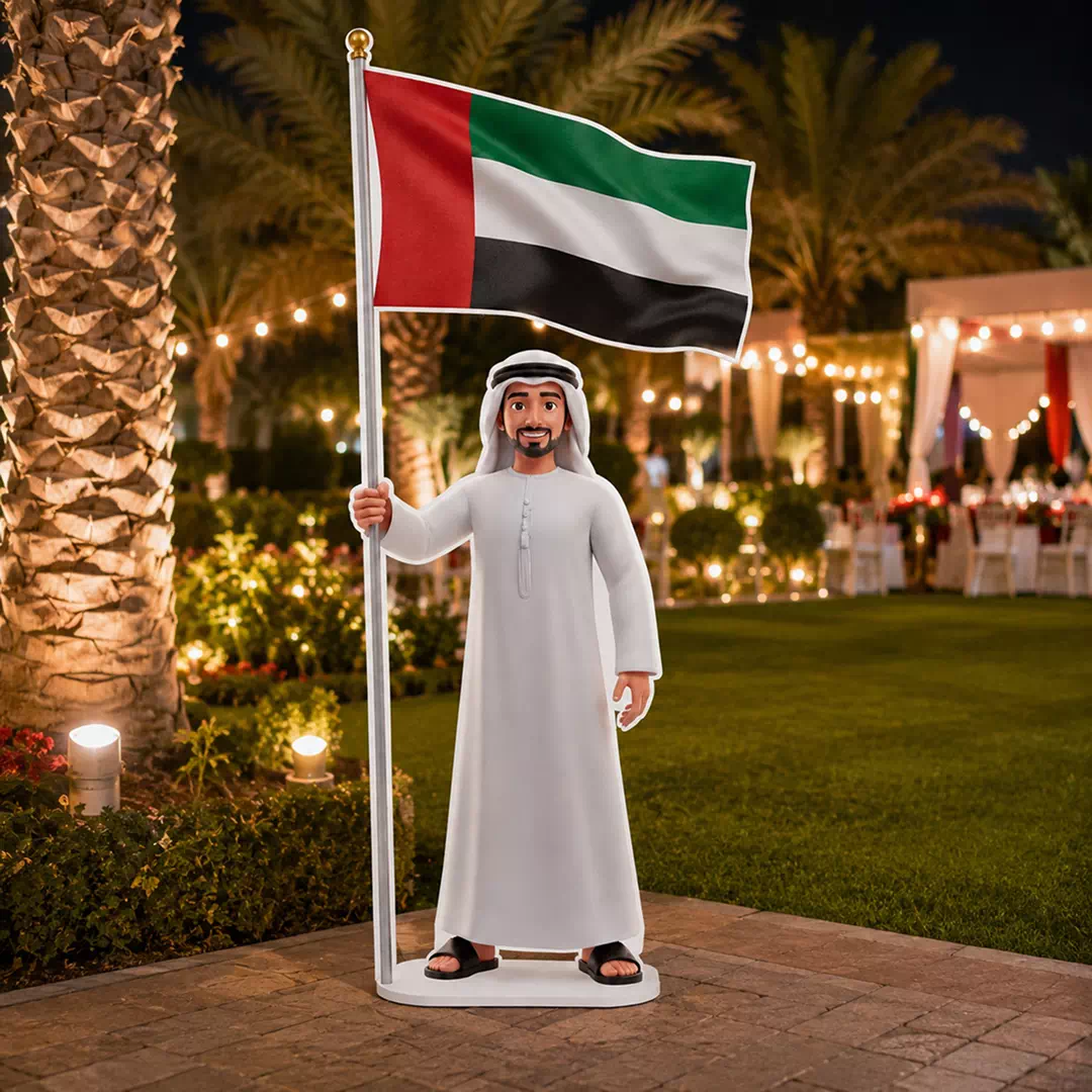 Illustrated Emirati Man in White Kandura Holding UAE Flag Character Cutout - Image 2