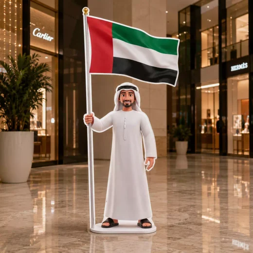 Illustrated Emirati Man in White Kandura Holding UAE Flag Character Cutout