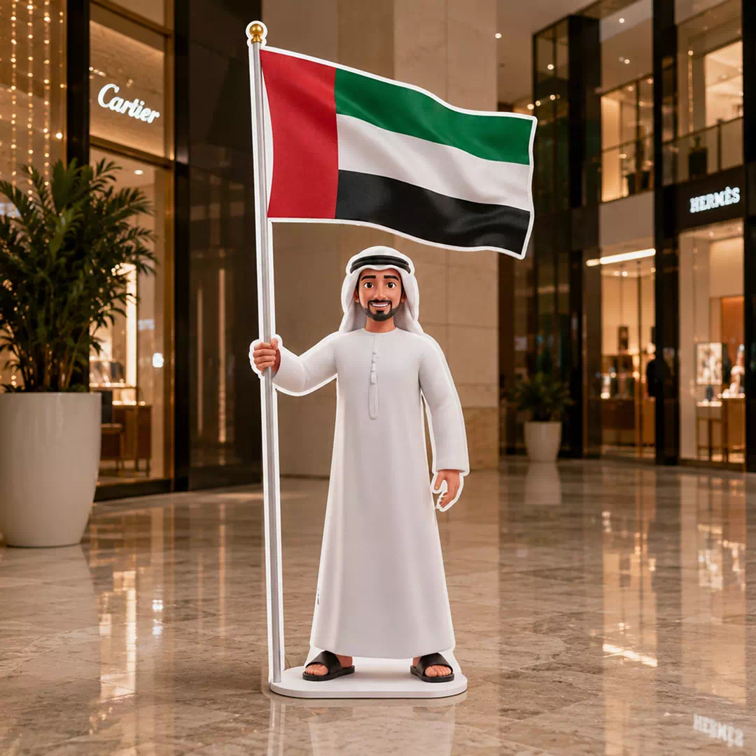 Illustrated Emirati Man in White Kandura Holding UAE Flag Character Cutout