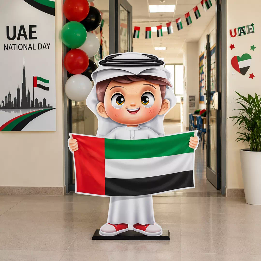 Illustrated Smiling Emirati Boy in Traditional Attire with UAE Flag Cutout - Image 2