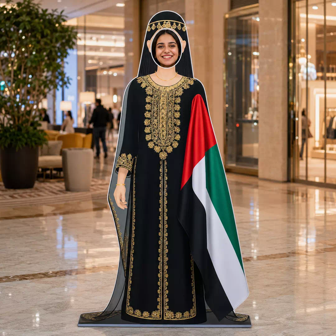 Emirati Woman in Traditional Black and Gold Dress with UAE Flag Photo Booth Cutout - Image 2