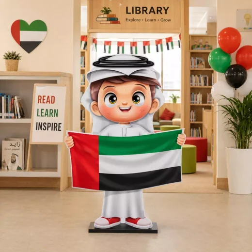Illustrated Smiling Emirati Boy in Traditional Attire with UAE Flag Cutout