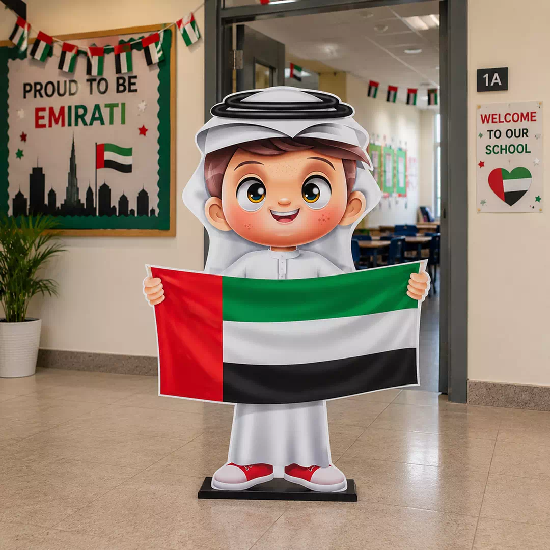 Illustrated Smiling Emirati Boy in Traditional Attire with UAE Flag Cutout - Image 4