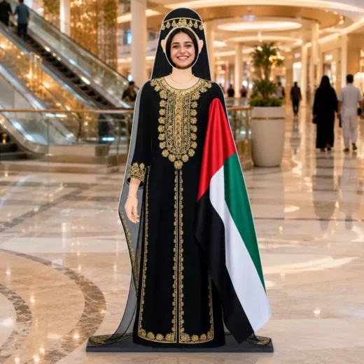 Emirati Woman in Traditional Black and Gold Dress with UAE Flag Photo Booth Cutout