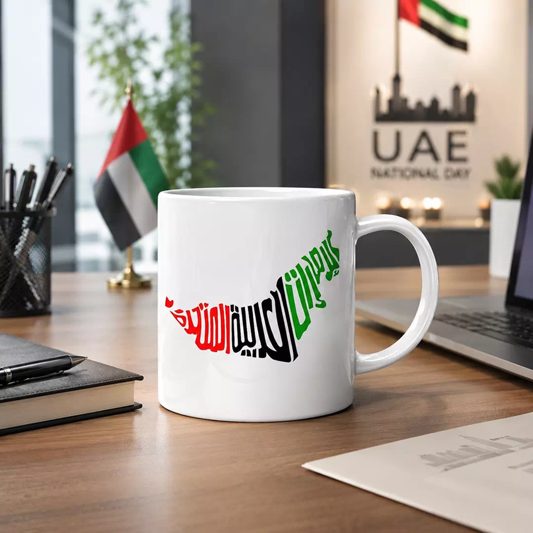 UAE Arabic Calligraphy in National Colours Ceramic Mug - Image 3