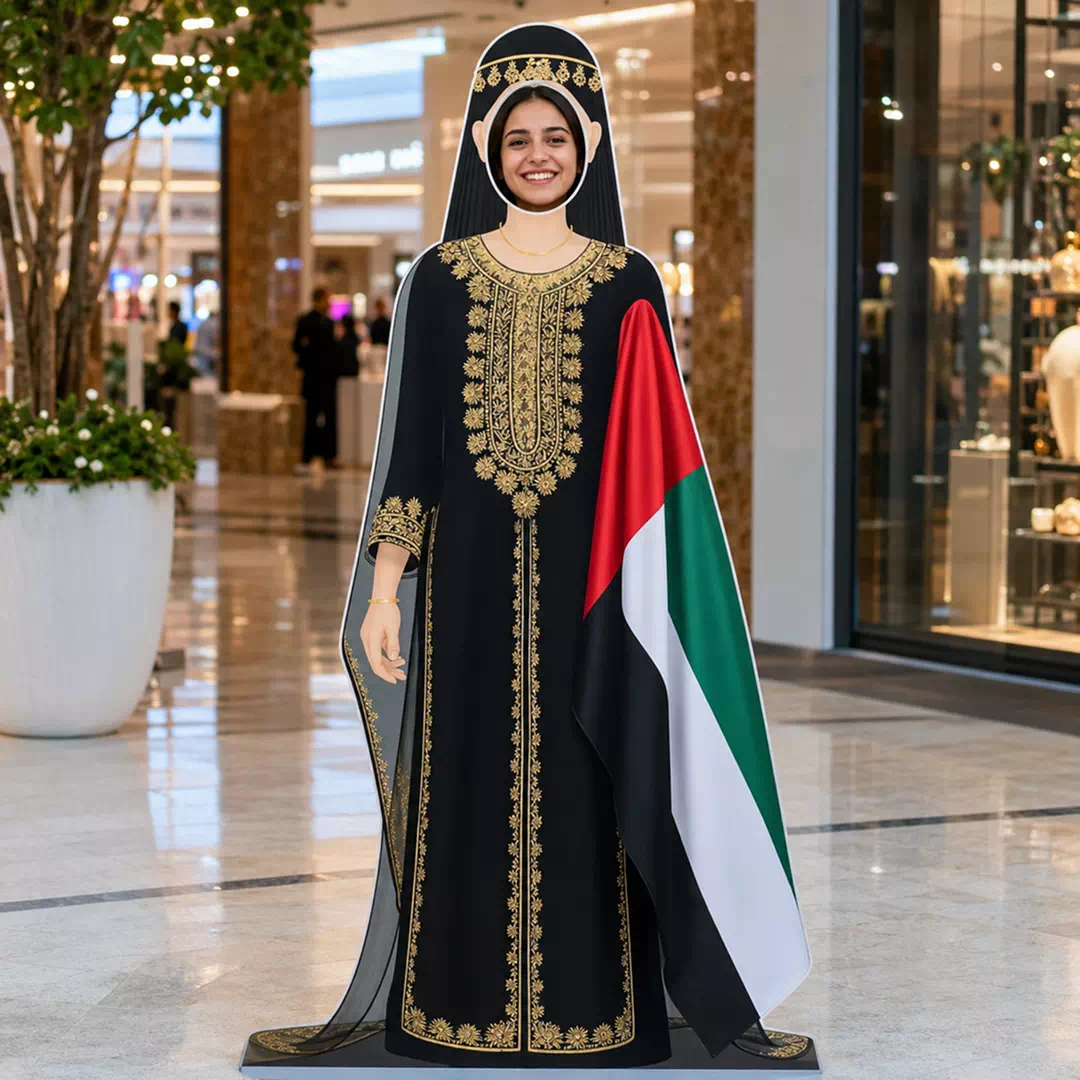 Emirati Woman in Traditional Black and Gold Dress with UAE Flag Photo Booth Cutout - Image 4