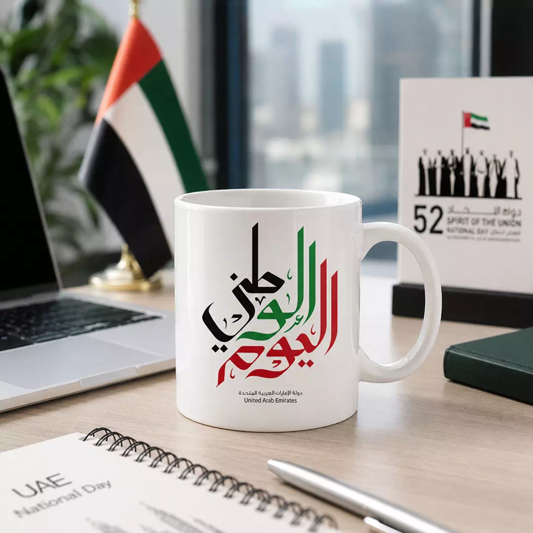 UAE National Day Arabic Calligraphy Ceramic Mug in Red, Green and Black - Image 3