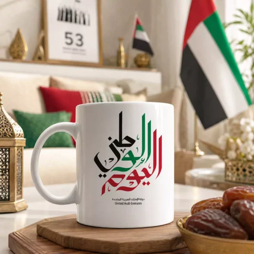 UAE National Day Arabic Calligraphy Ceramic Mug in Red, Green and Black