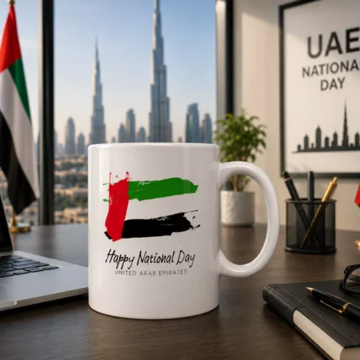 UAE Flag Brushstroke and Heritage Skyline National Day Ceramic Mug