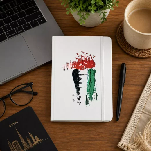 UAE Flag Brushstroke and Heritage Skyline Hardcover Notebook