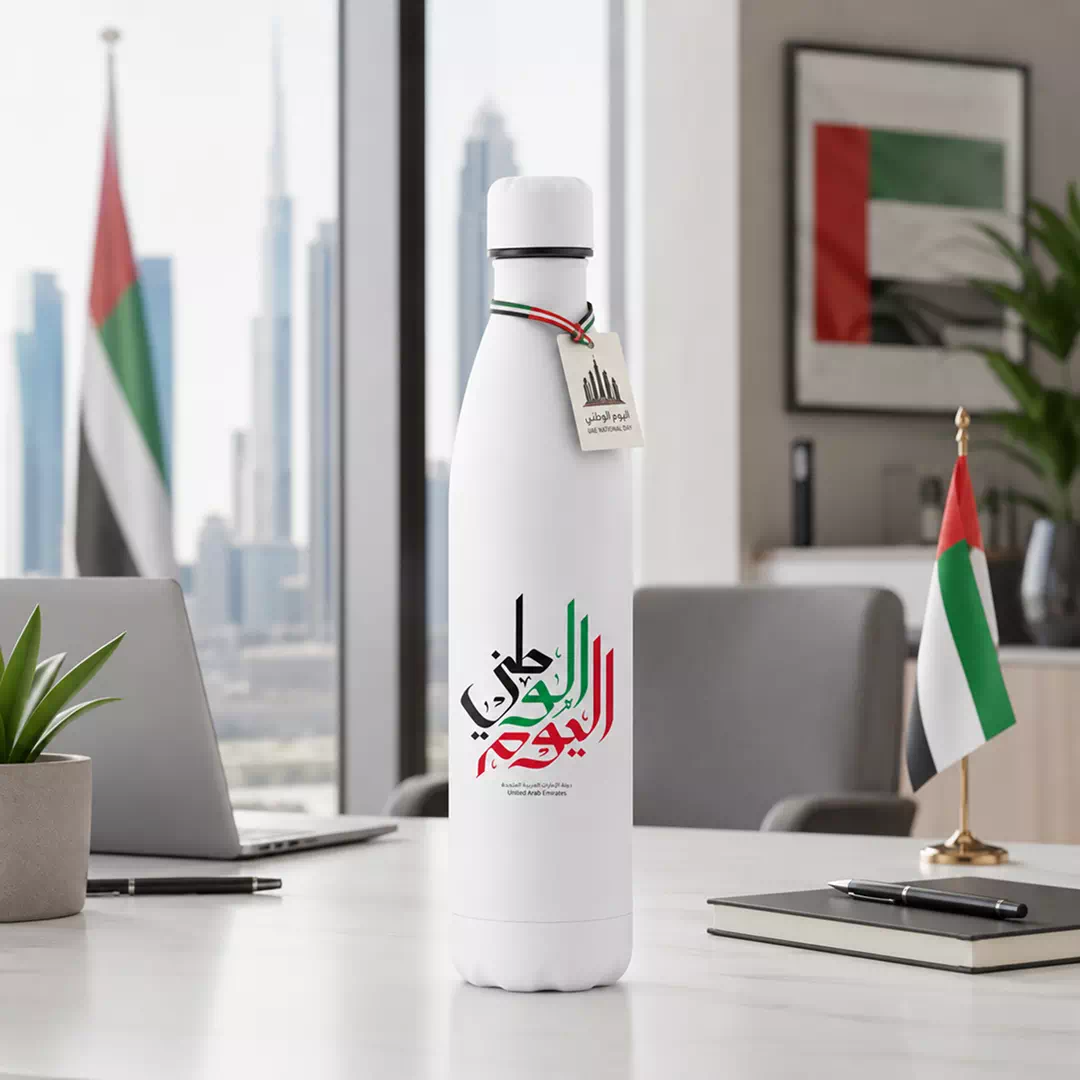 UAE Arabic Calligraphy and Skyline Metal Water Bottle - Image 2