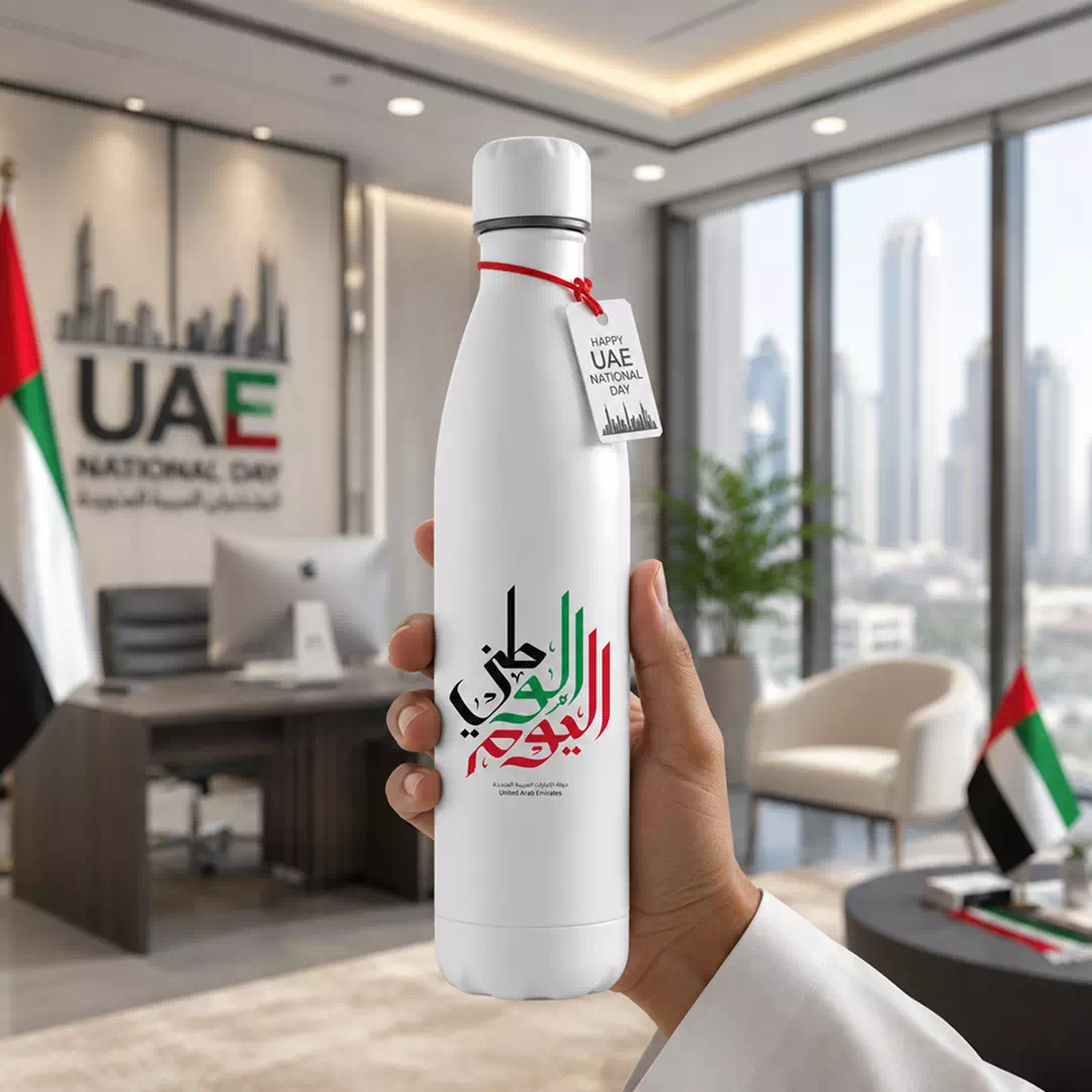 UAE Arabic Calligraphy and Skyline Metal Water Bottle - Image 4