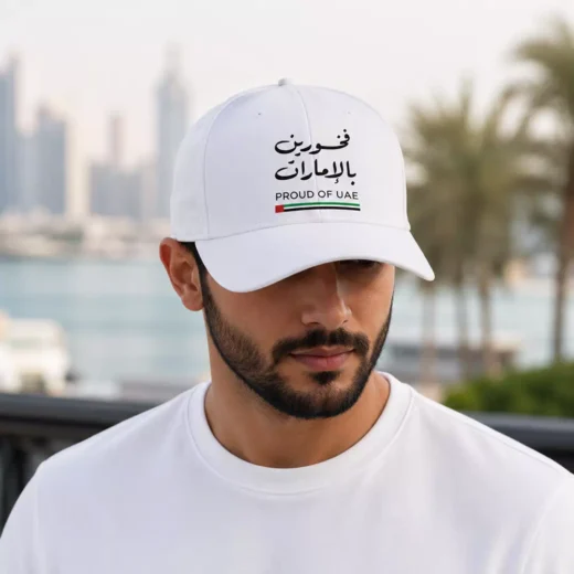 Proud of UAE Arabic and English Embroidered White Cap