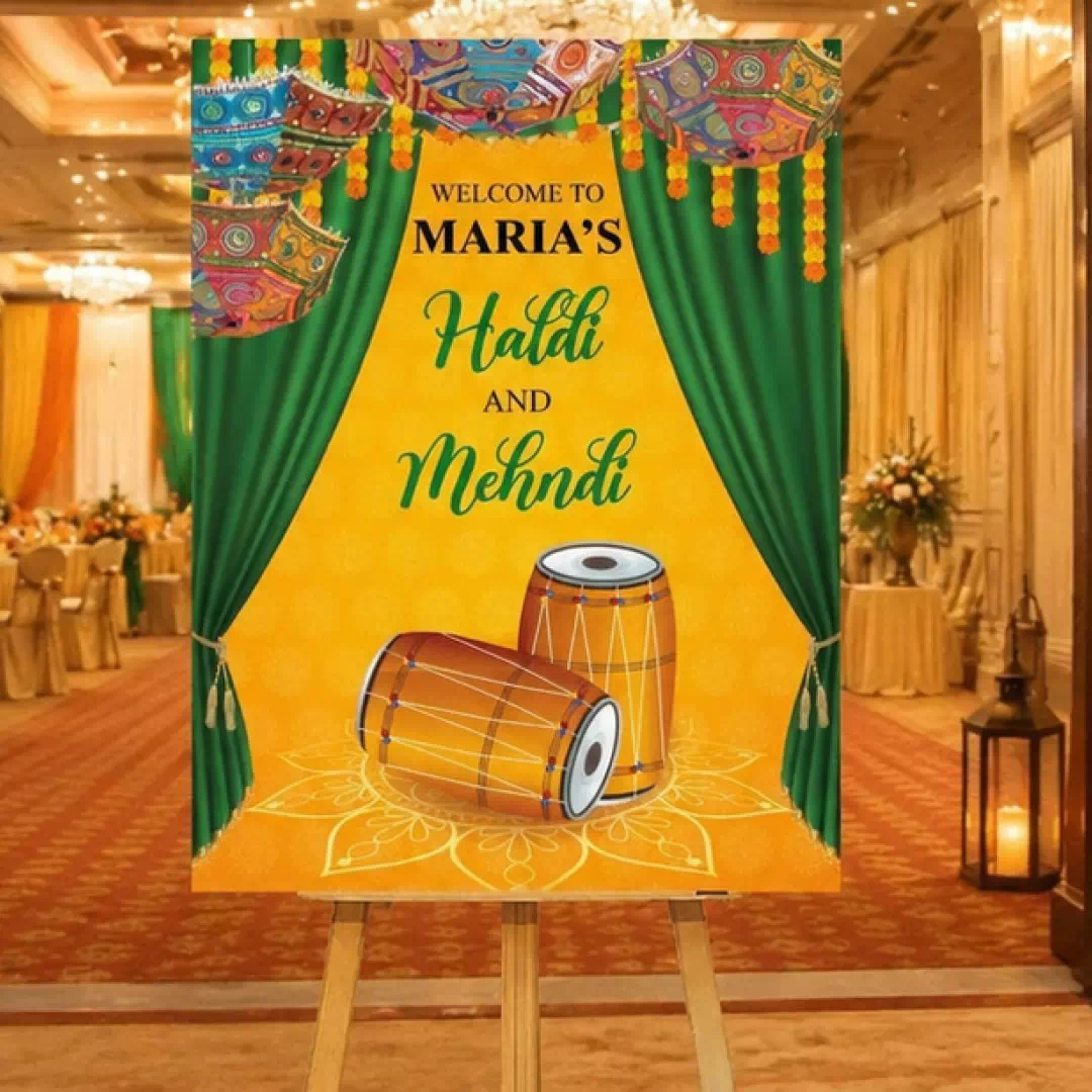 Haldi & Mehndi Dhol Welcome Board – Personalised Wedding Welcome Sign UAE