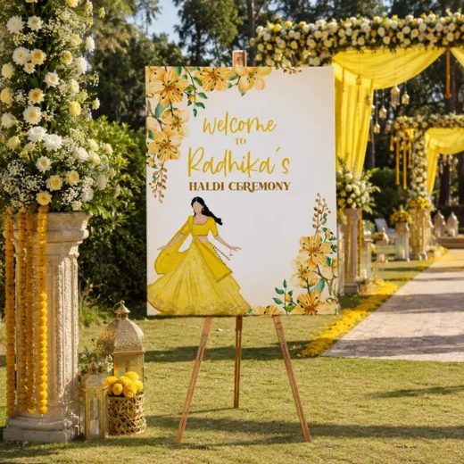 Illustrated Bride Floral Welcome Board – Personalised Wedding Welcome Sign UAE