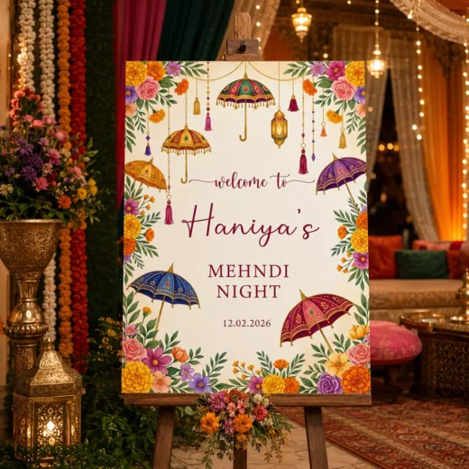 Colourful Lantern Mehndi Night Welcome Board – Personalised Wedding Welcome Sign UAE