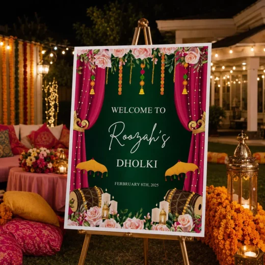 Dholki Drums Pink Welcome Board – Personalised Wedding Welcome Sign UAE