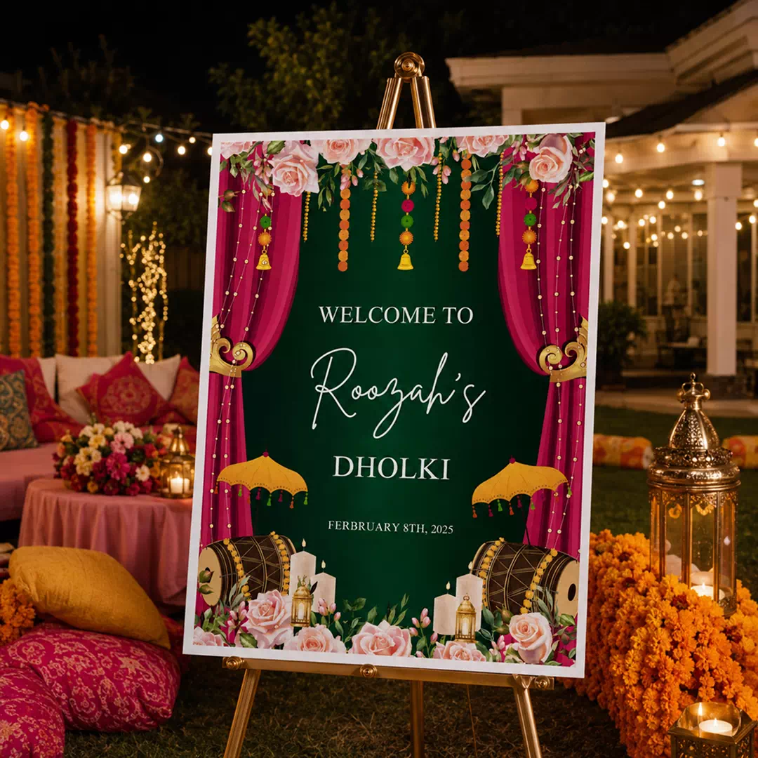 Dholki Drums Pink Welcome Board – Personalised Wedding Welcome Sign UAE
