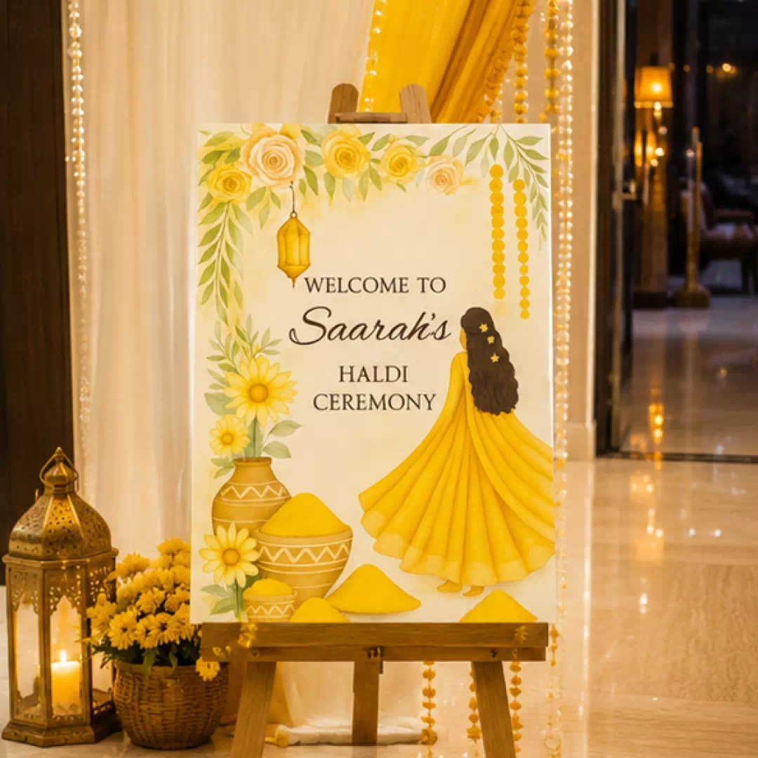 Marigold Haldi Ceremony Welcome Board – Personalised Wedding Welcome Sign UAE - Image 2