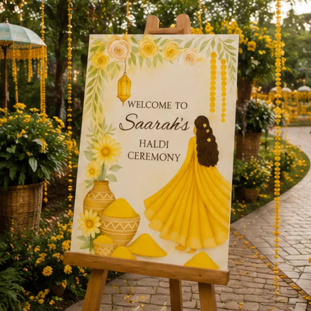 Marigold Haldi Ceremony Welcome Board – Personalised Wedding Welcome Sign UAE - Image 3