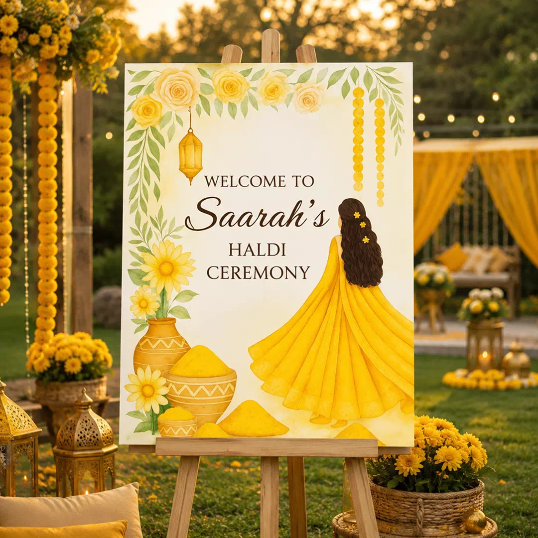 Marigold Haldi Ceremony Welcome Board – Personalised Wedding Welcome Sign UAE