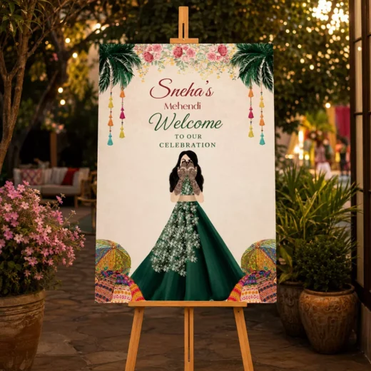 Illustrated Bride in Green Mehndi Welcome Board – Personalised Wedding Welcome Sign UAE