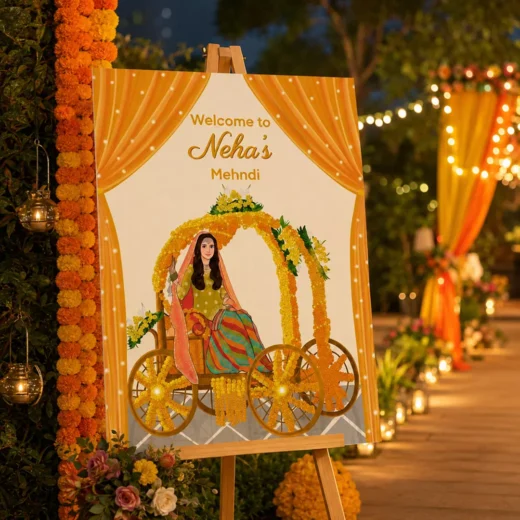 Illustrated Bride on Palanquin Welcome Board – Personalised Wedding Welcome Sign UAE