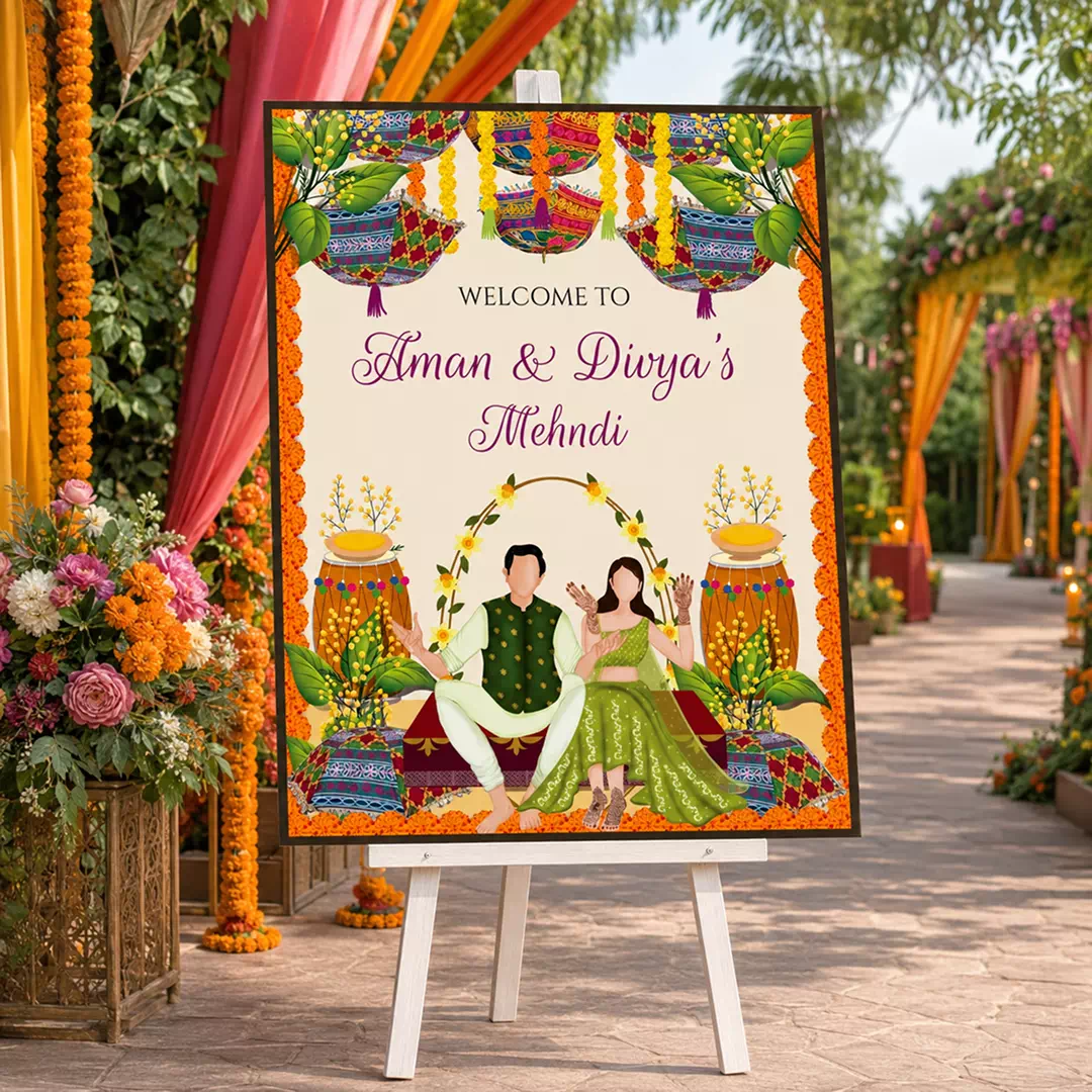 Illustrated Couple Colourful Mehndi Welcome Board – Personalised Wedding Welcome Sign UAE - Image 2