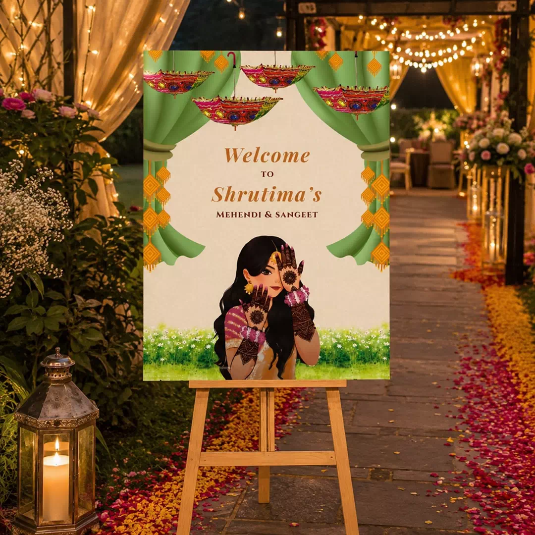 Illustrated Couple Mehndi & Sangeet Welcome Board – Personalised Wedding Welcome Sign UAE - Image 2