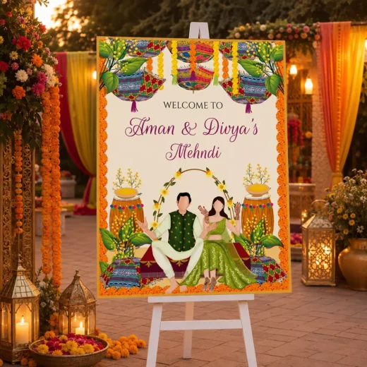 Illustrated Couple Colourful Mehndi Welcome Board – Personalised Wedding Welcome Sign UAE