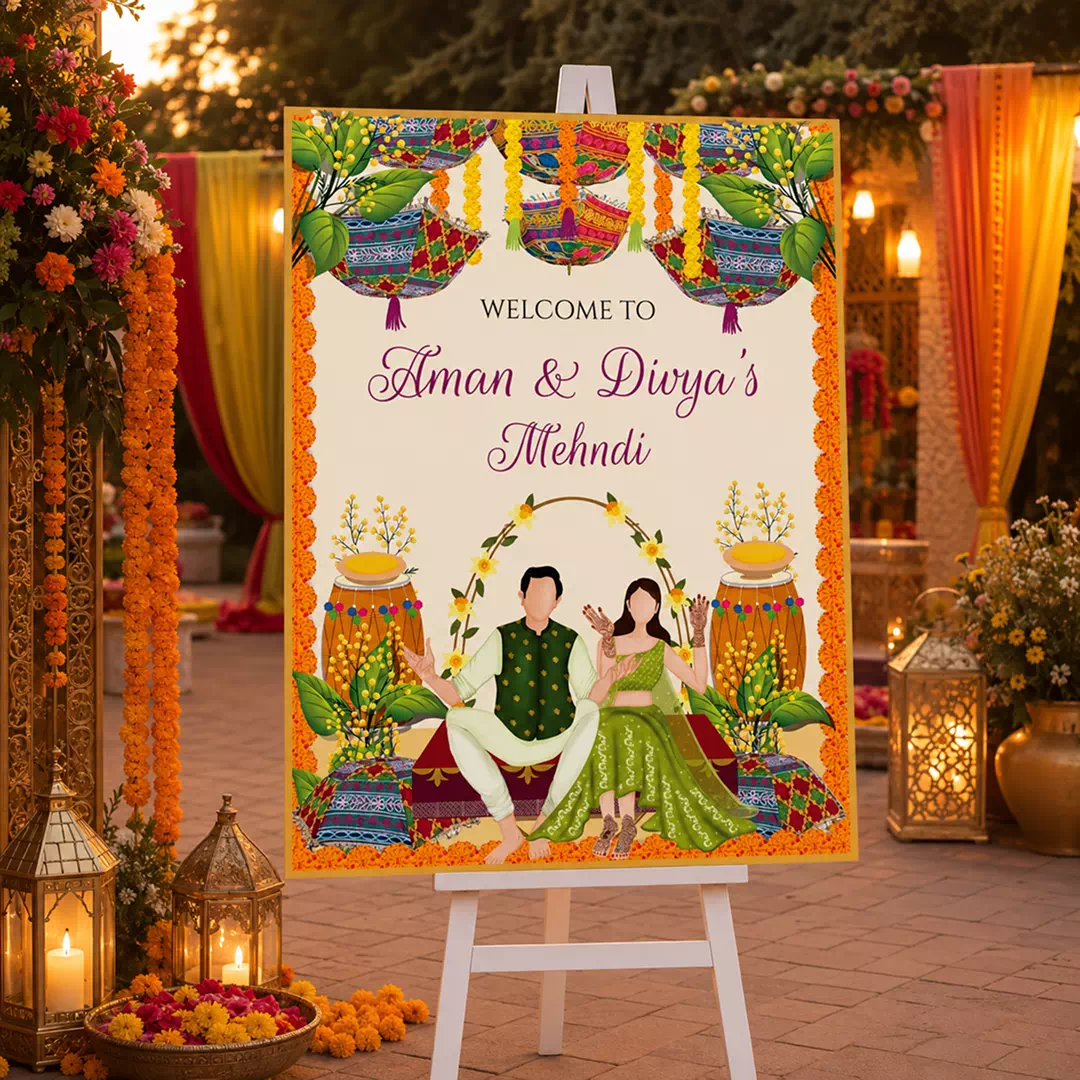 Illustrated Couple Colourful Mehndi Welcome Board – Personalised Wedding Welcome Sign UAE