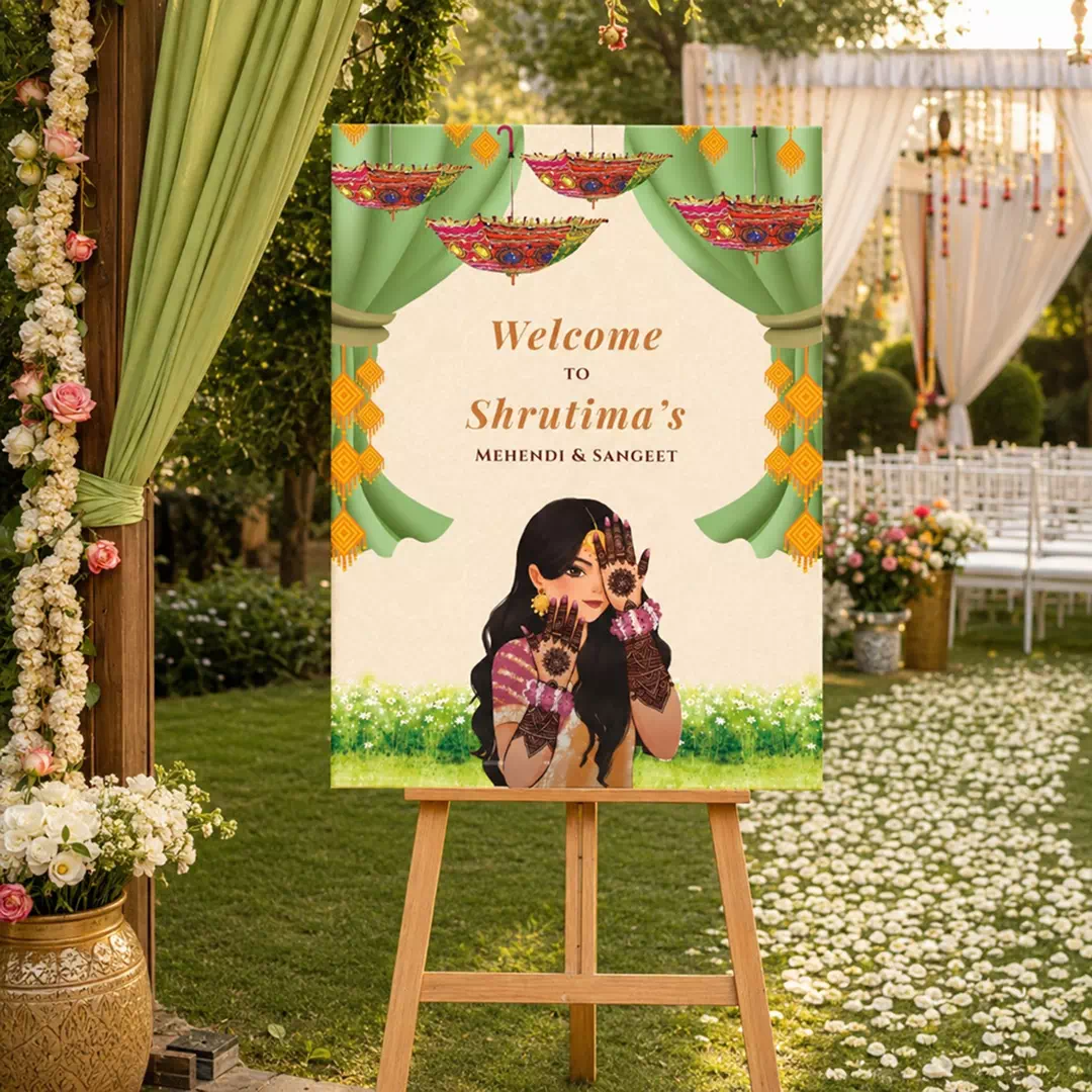 Illustrated Couple Mehndi & Sangeet Welcome Board – Personalised Wedding Welcome Sign UAE - Image 3