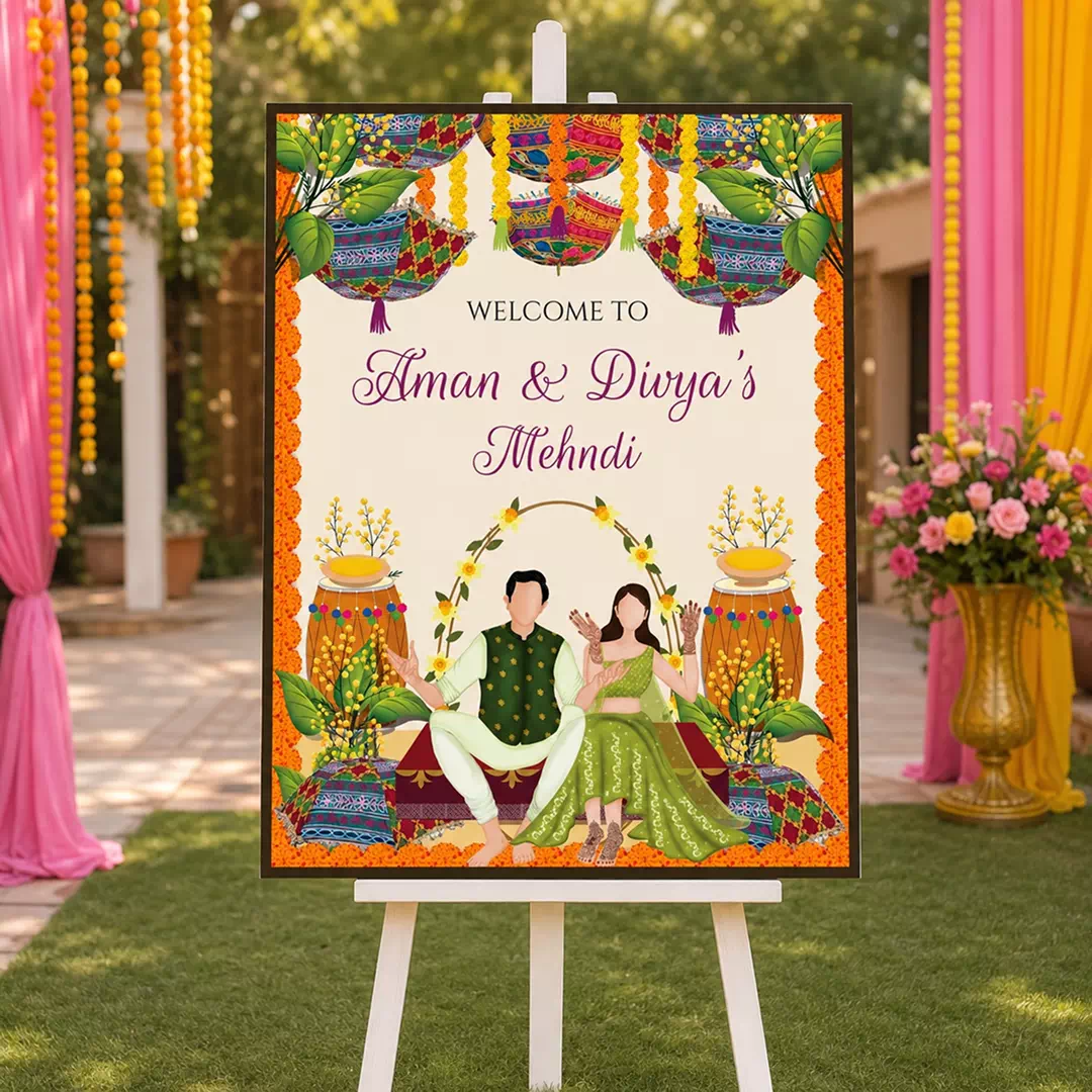 Illustrated Couple Colourful Mehndi Welcome Board – Personalised Wedding Welcome Sign UAE - Image 4