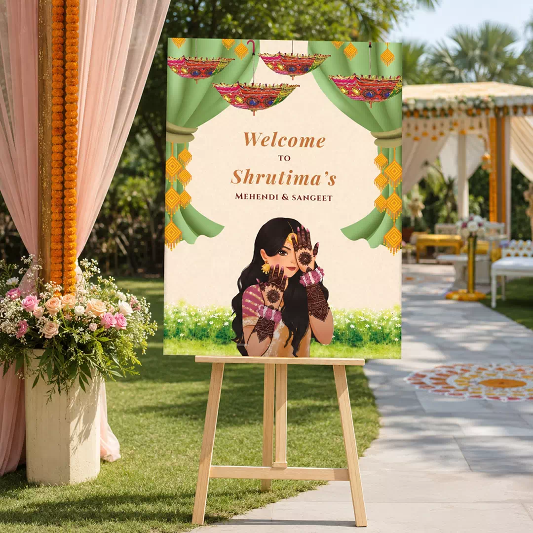 Illustrated Couple Mehndi & Sangeet Welcome Board – Personalised Wedding Welcome Sign UAE