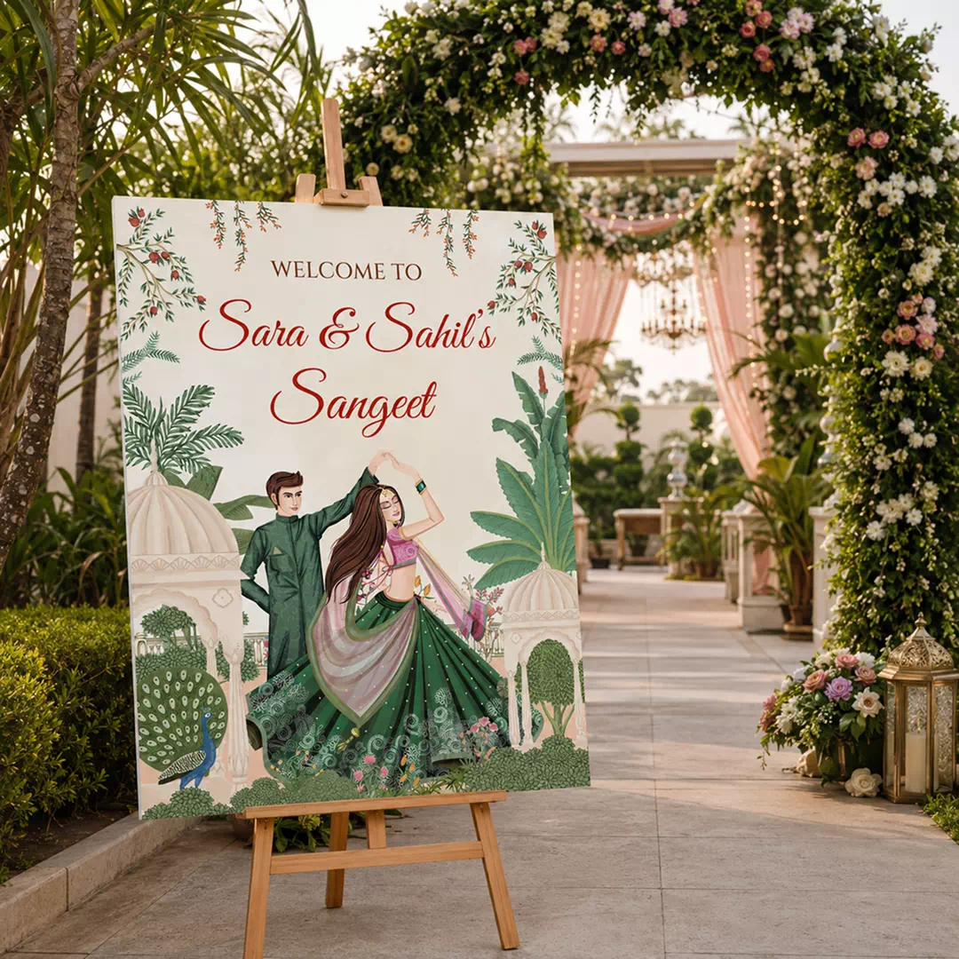 Illustrated Dancing Couple Sangeet Welcome Board – Personalised Wedding Welcome Sign UAE - Image 2