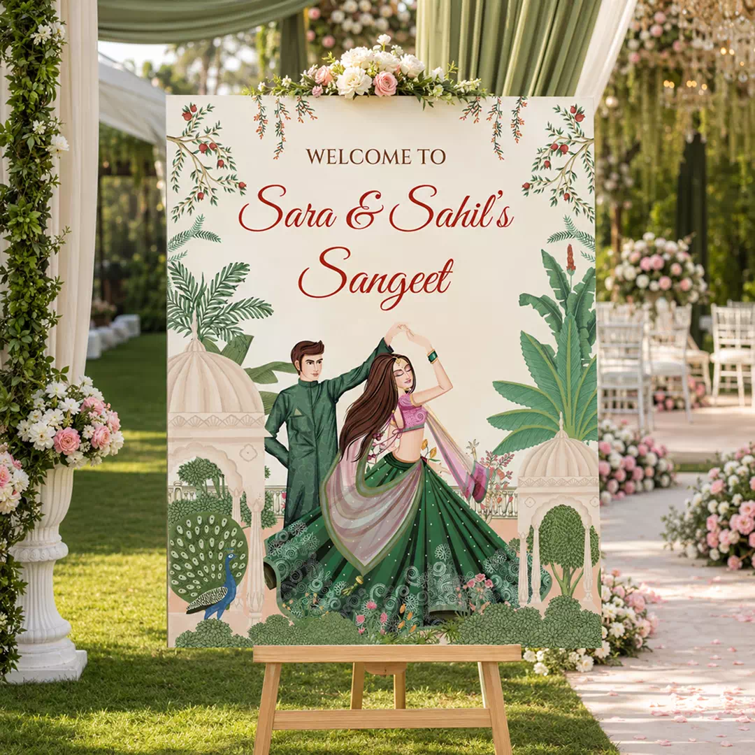 Illustrated Dancing Couple Sangeet Welcome Board – Personalised Wedding Welcome Sign UAE