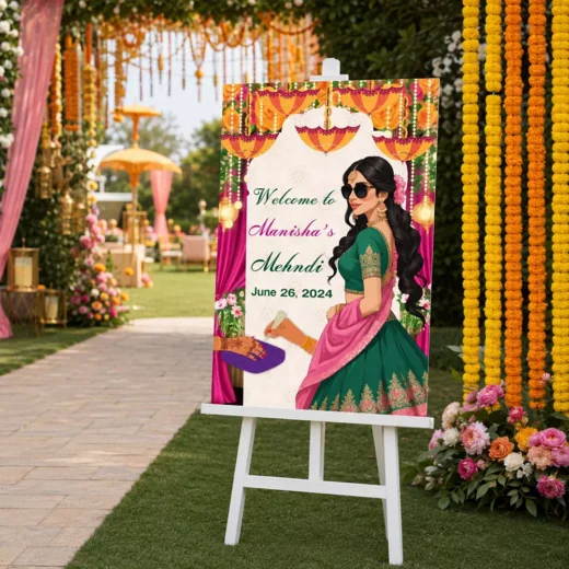 Illustrated Bride Floral Arch Welcome Board – Personalised Wedding Welcome Sign UAE