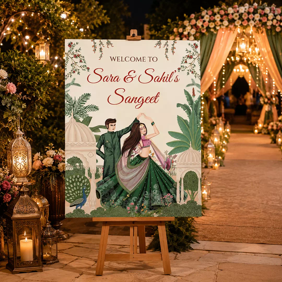 Illustrated Dancing Couple Sangeet Welcome Board – Personalised Wedding Welcome Sign UAE - Image 4