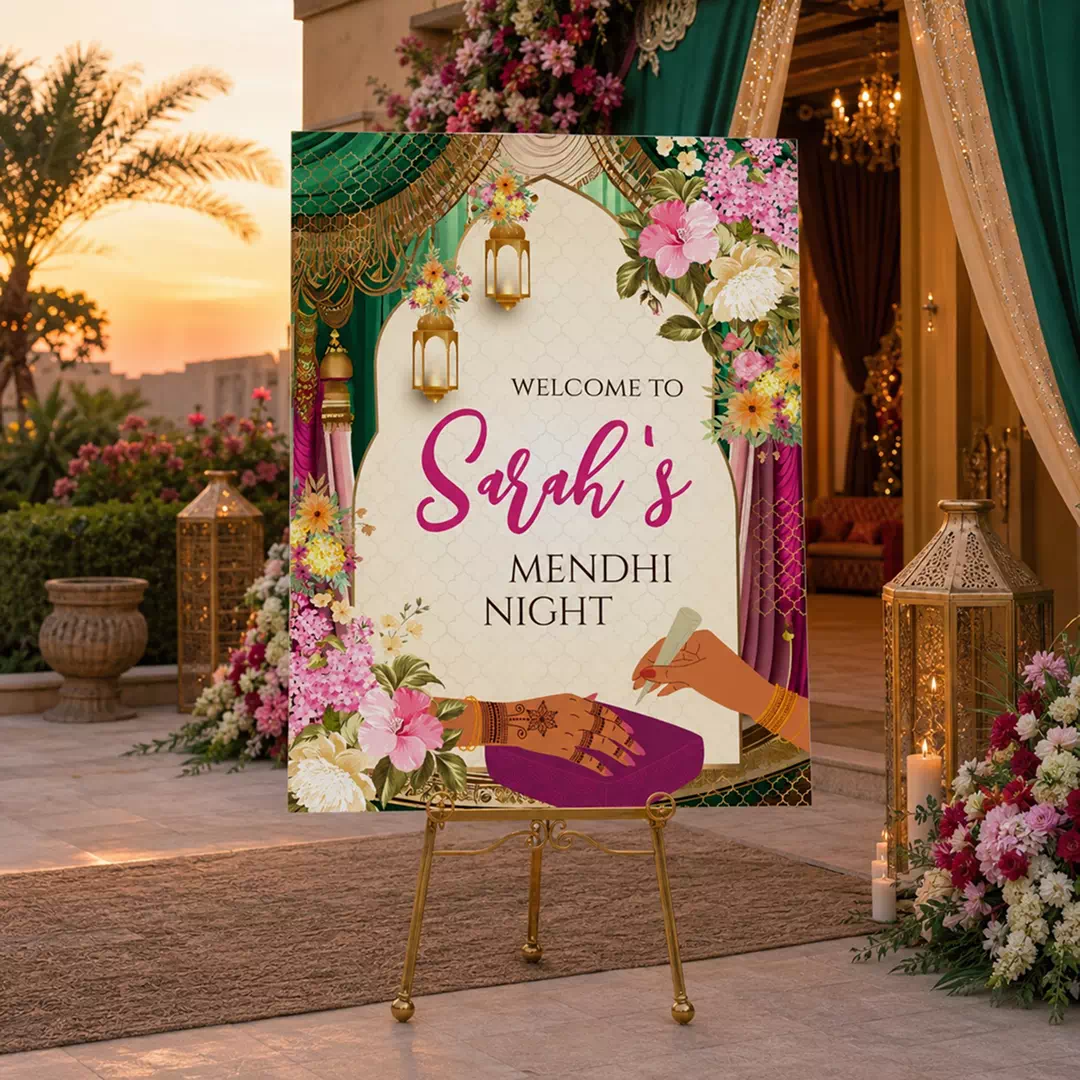 Palm Tree Sunset Mendhi Night Welcome Board – Personalised Wedding Welcome Sign UAE - Image 2